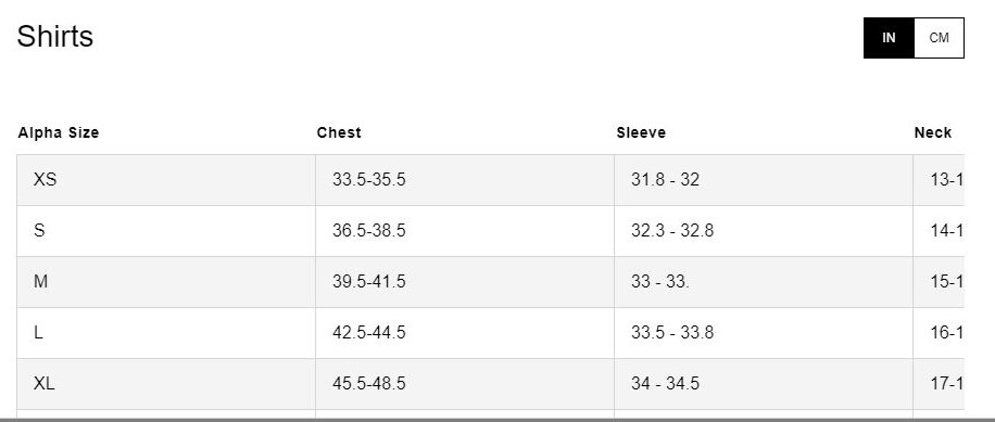 Polo Shirt Size Chart (INCH)